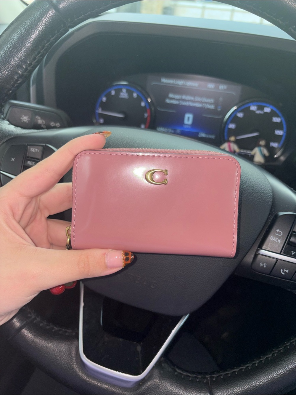 Coach Pink Leather Zip Card Case with Gold 'C' Logo